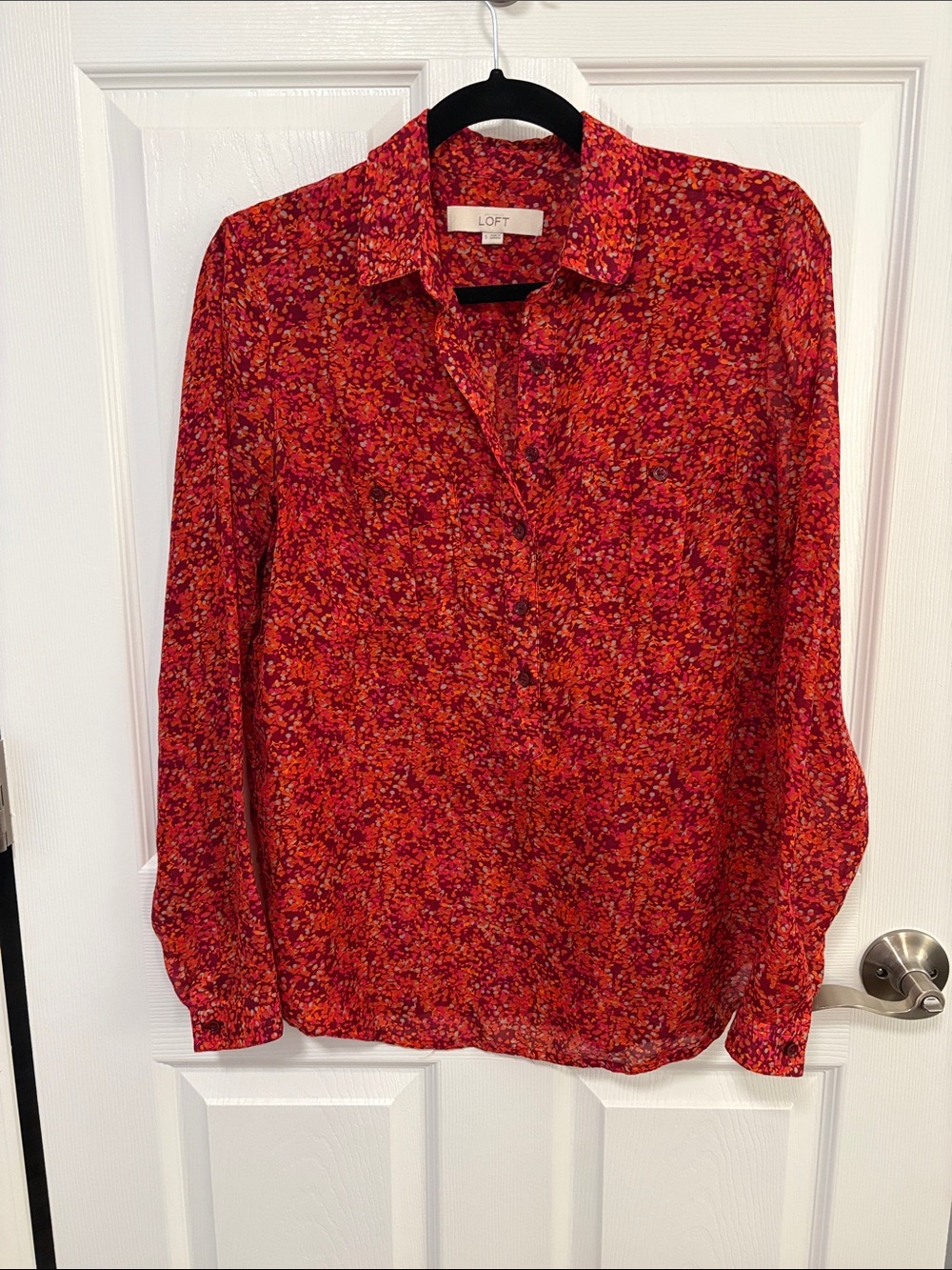 LOFT Red & Pink Ditsy Floral Button-Front Blouse